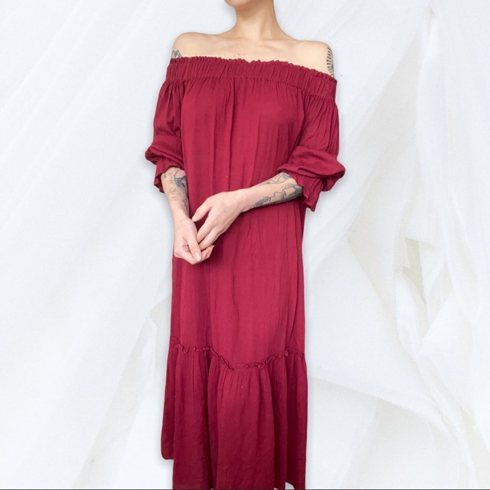 Renamed (M) Boho Maroon Off Shoulder Dress